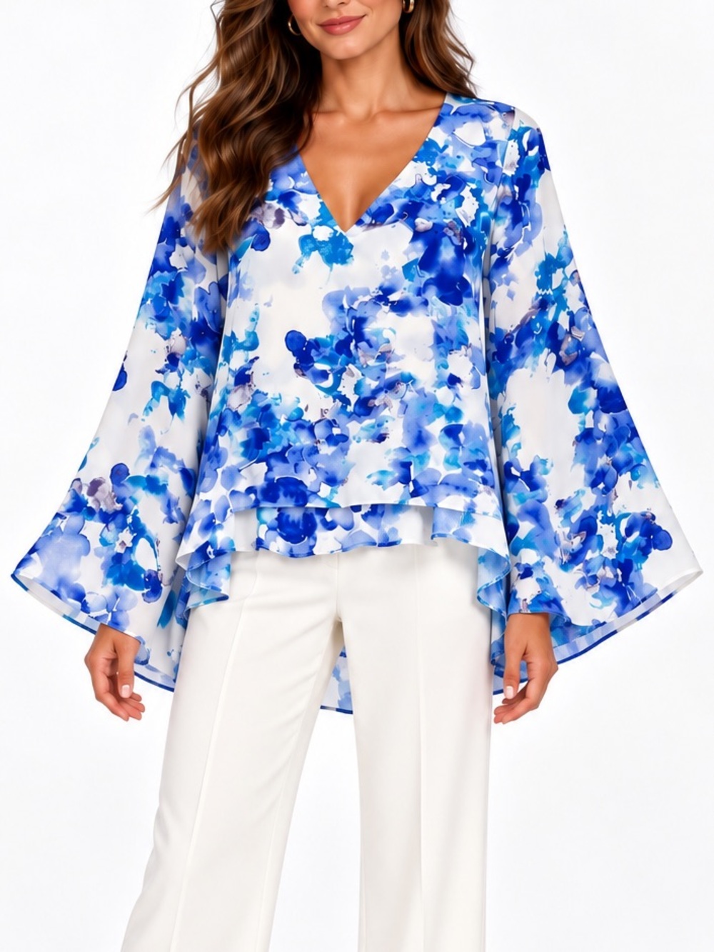 Parker Blue Watercolor Floral Bell Sleeve High-Low Tiered Blouse Top Size Small